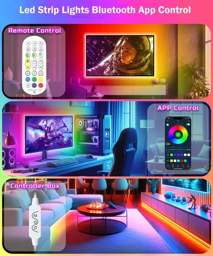 Miniatura 6 de Tira de luces LED para dormitorio de 33 pies, luces LED IC-RGB para habitación con control remoto de aplicación Bluetooth, tira de luz LED USB