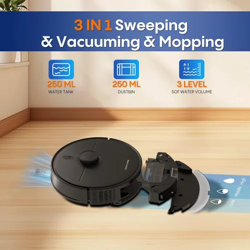 Miniatura 5 de Combo robot de aspiradora y trapeador, potente succión de 5000 Pa, mapeo inteligente avanzado, ideal para pelo de mascotas, polvo