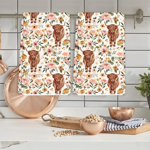 Miniatura 5 de AnyDesign Toalla de cocina de vaca de las tierras altas con diseño bohemio floral de las tierras altas, 18 x 28 pulgadas, paño de cocina de granja
