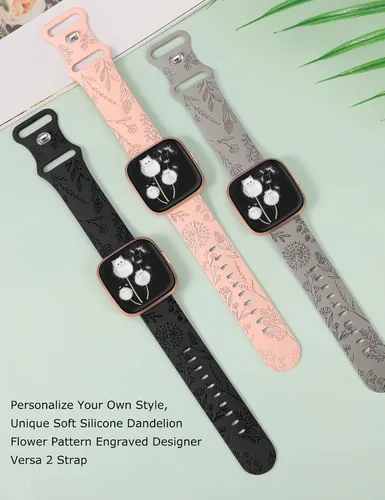 Miniatura 2 de Minyee Paquete de 3 correas grabadas florales compatibles con Fitbit Versa 2/Versa Lite, silicona suave, patrón de flor de diente de león, correa