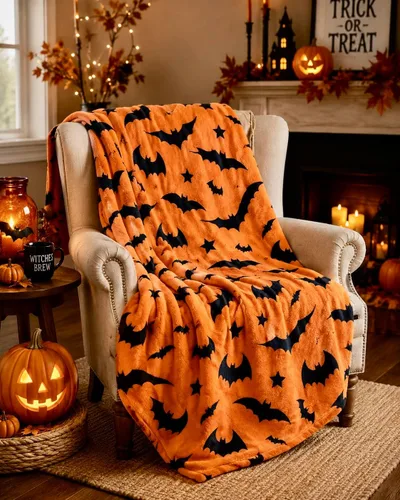 Manta de Halloween: Silueta de murciélagos negros suaves en vellón de terciopelo naranja para sofá, cama, sofá, silla, dormitorio