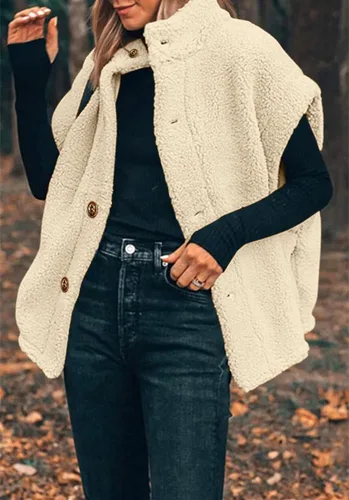 Miniatura 38 de Hongqizo - Chaleco de forro polar mullido para mujer, casual, de gran tamaño, cálido, con botones, chaqueta de sherpa con bolsillos