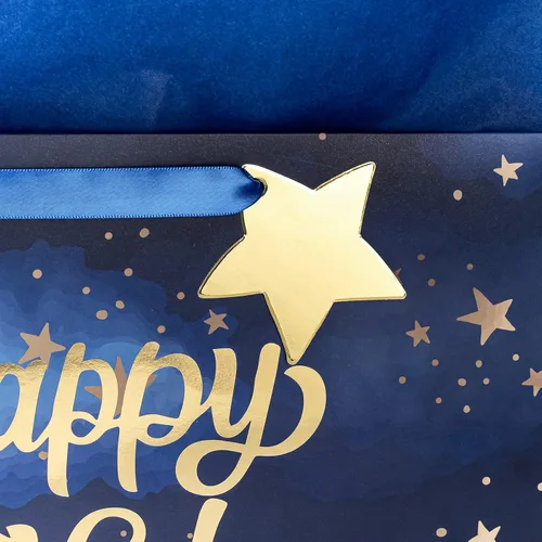 Miniatura 8 de WRAPAHOLIC Bolsa de regalo grande de 13 pulgadas con tarjeta y papel de seda, papel de estrella azul marino dorado feliz cumpleaños Azul marino