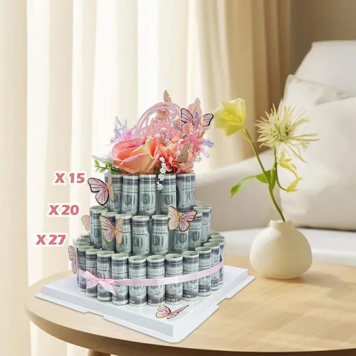 Miniatura 6 de Caja de regalo en efectivo, caja de regalo feliz, pastel de flores, regalo sorpresa para el día de San Valentín (rosa de tres niveles)