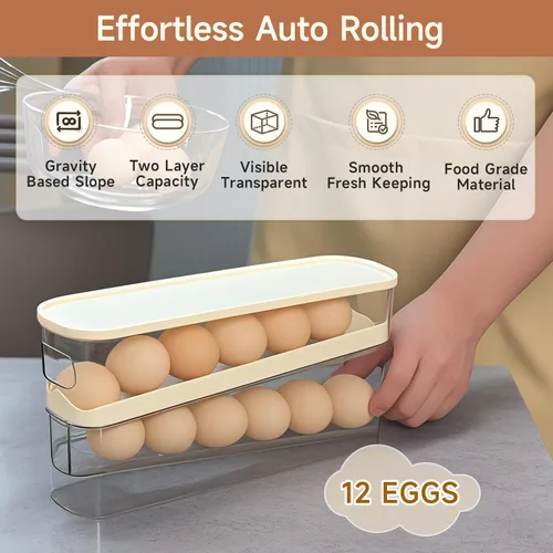 Miniatura 7 de Soporte rodante para huevos para refrigerador, dispensador de huevos para refrigerador, contenedor de almacenamiento rodante automático