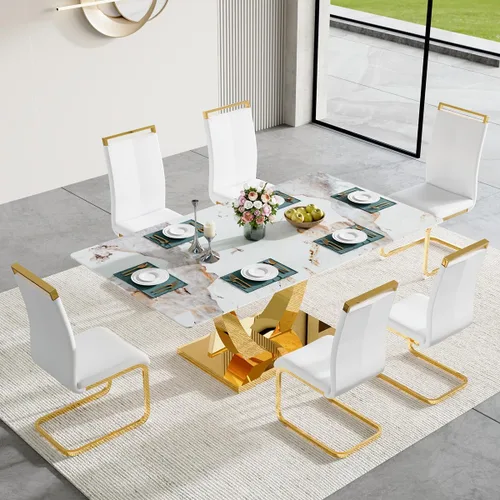 Miniatura 45 de Juego de mesa de comedor para 4, mesa de comedor de mármol sintético de 63 pulgadas con patas y base de acero inoxidable, sillas acolchadas