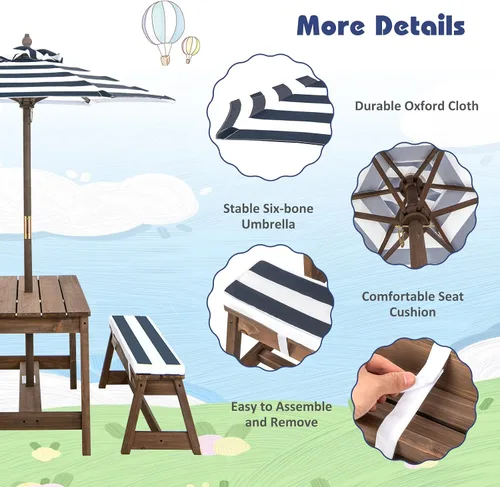 Miniatura 7 de Costzon Mesa de Picnic para Niños, Juego de Mesa y Silla de Madera para Niños Pequeños con Cojines, Sombrilla de Altura Ajustable, Mesa