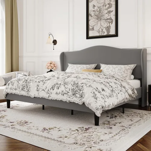 Miniatura 13 de SHA CERLIN Marco de cama de plataforma de terciopelo de tamaño completo con elegante cabecero con respaldo alado, diseño moderno y lujoso, listones