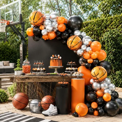 Miniatura 6 de Kit de guirnalda de globos de baloncesto, globos metálicos naranjas, negros y plateados con globos de papel de aluminio de baloncesto para Rojo Azul