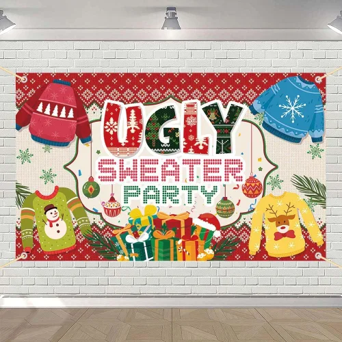 Miniatura 6 de AIBIIN Telón de fondo de fiesta de suéter feo para suéter de Navidad, decoración de fiesta, invierno, niños, fotomatón, pancarta de 6 x 3.6 pies