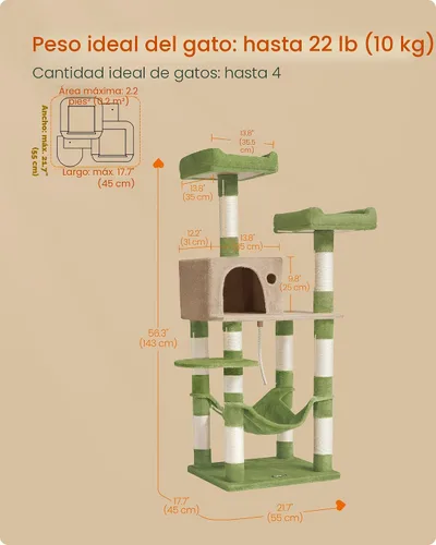 Miniatura 5 de Feandrea Árbol para gatos, torre para gatos de 56.3 pulgadas, condominio de felpa de varios niveles con 11 postes rascadores, 2 perchas, hamaca