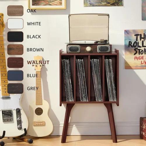 Miniatura 5 de LELELINKY Soporte para tocadiscos, mesa de almacenamiento de discos de vinilo de nogal con 4 gabinetes de hasta 100 álbumes, soporte para tocadiscos