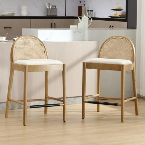 Miniatura 16 de DUOMAY Juego de 2 taburetes de mostrador modernos de ratán beige, 26 pulgadas de altura - Taburetes de bar de madera tapizados en lino con respaldo