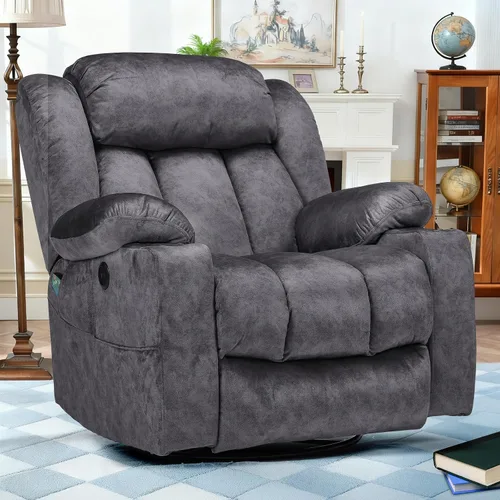 Miniatura 10 de Silla reclinable giratoria con calor y masaje, mecedora manual mecedora reclinable, silla giratoria de 360° con 2 portavasos, bolsillos laterales