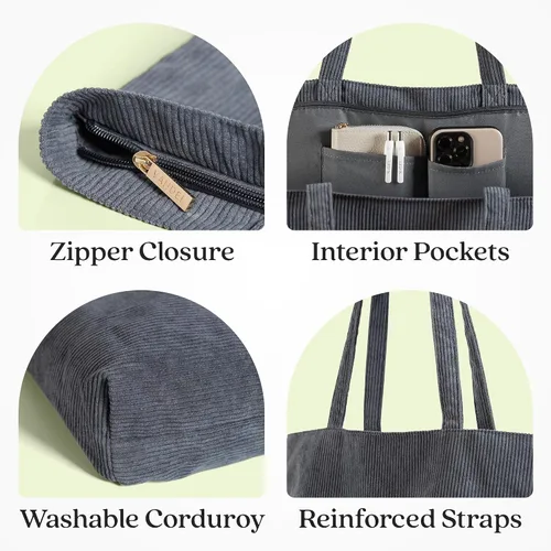 Miniatura 2 de VANDEL Bolso tote de pana para mujeres y hombres con cremallera y bolsillos interiores. Bolso tote con cremallera, bonita bolsa estética