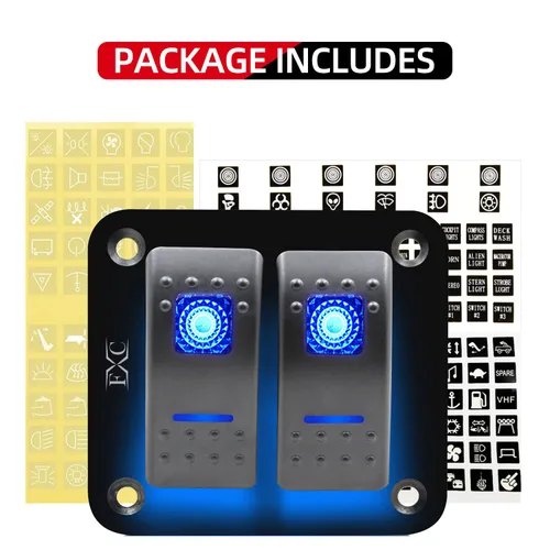 Miniatura 3 de FXC Interruptor basculante Panel de aluminio 2 Gang Interruptores de palanca Dash 5 Pin ON/OFF 2 LED retroiluminado para barco coche azul marino