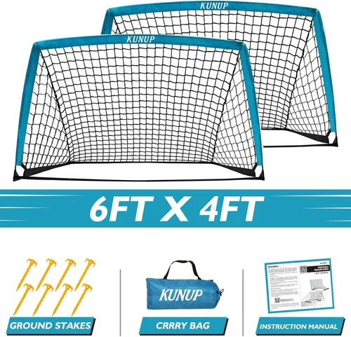 Miniatura 7 de Juego de 2 porterías de fútbol para niños, 5 x 3, 6 x 4, 9 x 5, red de práctica de fútbol plegable con bolsa de transporte portátil para niños