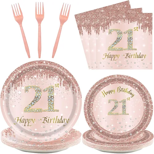 Miniatura 22 de 24 juegos de decoración de fiesta de cumpleaños número 13 de oro rosa para niñas, platos y servilletas para el cumpleaños número 13, tenedores