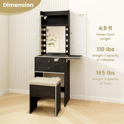 Miniatura 6 de CHARMAID - Escritorio pequeño de tocador con espejo y luces, mesa de tocador de maquillaje con estación de carga, cajones, estantes, mesa lateral