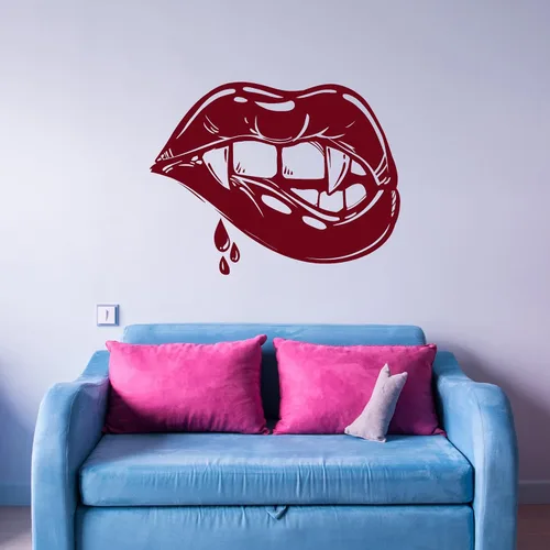 Miniatura 2 de Vinilo adhesivo para pared, diseño de labios sexys, colmillos de vampiro, niña, fantasía, Halloween, decoración grande (859ig) negro mate