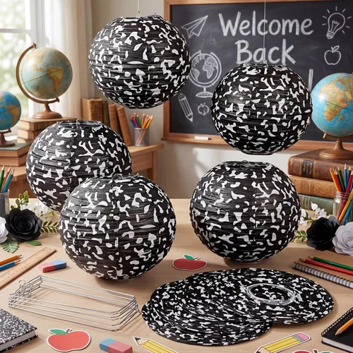 Miniatura 5 de Honoson 12 linternas de papel de composición para el regreso a clases, decoraciones de fiesta colgantes redondas de 10 pulgadas para aula, oficina