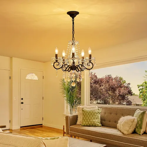 Miniatura 2 de ANJIADENGSHI Candelabro pequeño de cristal, moderno candelabro negro para comedor, mini lámpara colgante de cristal para dormitorio, lámpara