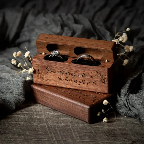 Miniatura 7 de MUUJEE Caja de doble anillo Caja de madera delgada grabada para boda, ceremonia de compromiso, propuesta de anillo caja para 2 anillos, ideas