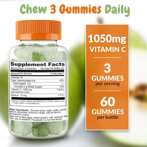 Miniatura 5 de Gomitas de vitamina C con sabor a manzana ácida Mega dosis – 1050 mg de vitamina C – Mejora el sistema inmunológico y apoya la salud del corazón