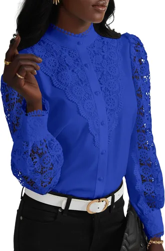 Miniatura 24 de Rooscier Blusa Elegante de Encaje de Crochet con Cuello Alto Simulado de Manga Larga con Botones para Mujer Top