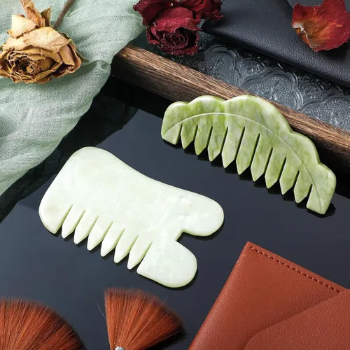 Miniatura 3 de Geiserailie 2 piezas de peines de jade, suministros para esteticista, para masaje, piedra para el cabello, Gua Sha, raspado del cuero cabelludo