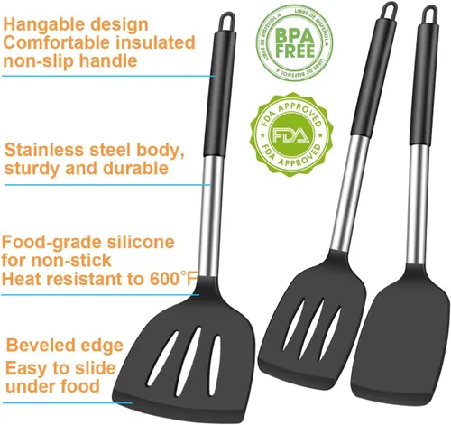 Miniatura 2 de KLAQQED Juego de 3 espátulas de silicona resistentes al calor para utensilios de cocina antiadherentes, espátulas de plástico para wok, espátula