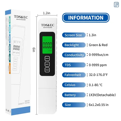 Miniatura 7 de Probador digital de calidad del agua 4 en 1 - Medidor TDS/EC/temperatura (°C/°F) TDS 0-9999 ppm Preciso y profesional para agua potable