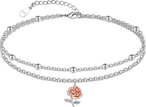 Miniatura 66 de CHIC & ARTSY Tobilleras delicadas de plata de ley S925 para verano, pulsera de tobillo ajustable multicapa para playa, joyería de pie para mujer