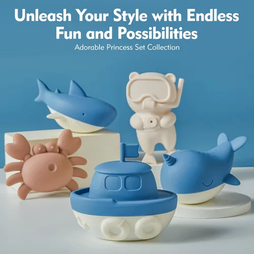 Miniatura 3 de MarcZero Juguetes de baño de silicona oceánica, 8 piezas para niños pequeños, juguetes de agua para la bañera, juguetes de piscina suaves