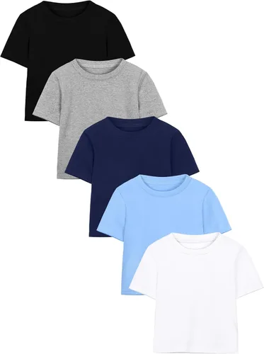 Poroka Paquete de 5 camisetas de algodón de manga corta para niños pequeños, camisetas de tela de verano con cuello redondo para niños