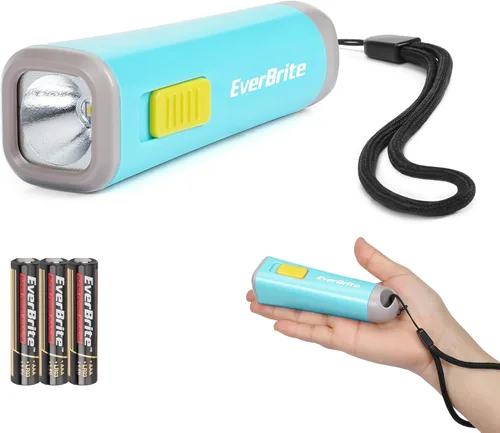 EverBrite Linterna pequeña, mini linterna LED, uso de antorcha de plástico para emergencias, camping, al aire libre con cordón 3AAA batería Azul