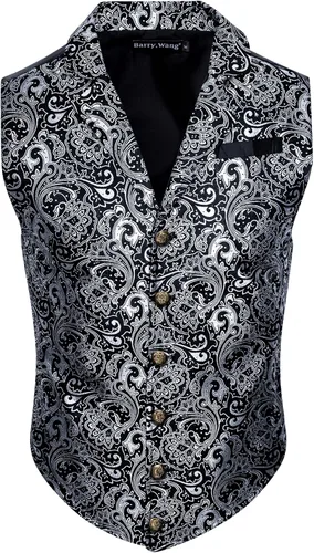 Miniatura 3 de Barry.Wang Chaleco victoriano de seda para hombre, conjunto de corbata con cuello a medida, chaleco gótico steampunk de cachemira, formal, fiesta