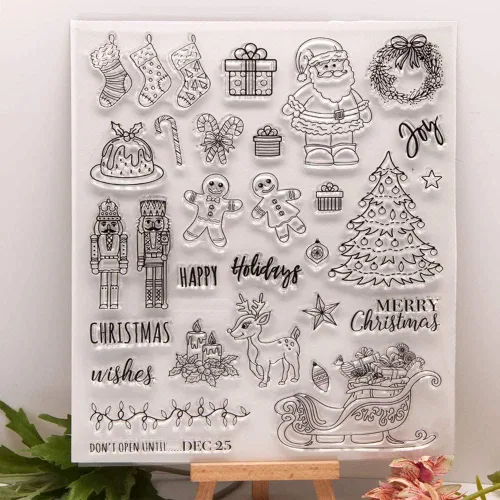 Miniatura 7 de Sellos Transparentes de Palabras de Bendición Navideña Sellos de Silicona para Tarjetas con Sentimientos, Notas Musicales Copos de Nieve Sellos