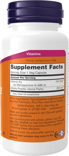 Miniatura 2 de NOW Foods Suplementos, Vitamina K-2 100 mcg, Menaquinona-4 (MK-4), Apoya la salud ósea*, 100 cápsulas vegetales
