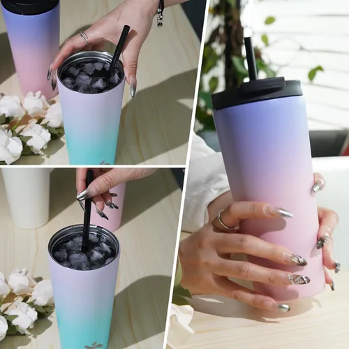 Miniatura 6 de Konokyo Vaso aislado de 18 onzas con tapa y 2 pajillas, botella de agua de acero inoxidable, taza de viaje al vacío, taza de café, color blanco ángel