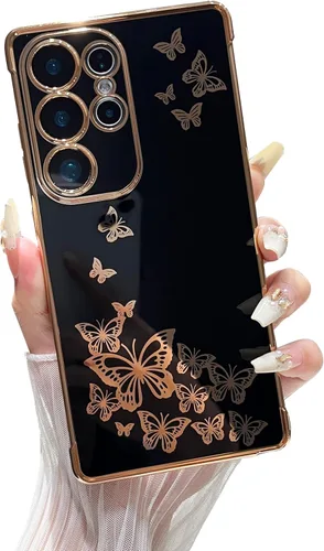 ZTOFERA Funda de teléfono para Samsung Galaxy S23 Ultra 5G, elegante diseño de mariposa, para niñas y mujeres encantadoras, chapado suave, Negro