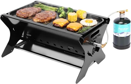 Foldable 3-in-1 Charcoal Wood Gas Camping Grill with Pull-Out Removable Griddle Plate & Carry Bag, Portable BBQ Fire Pit Grill for Backpacking