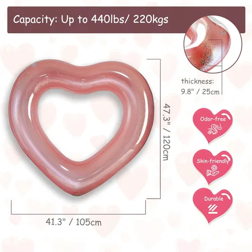 Miniatura 4 de Heart Inflatable Pool Tube Floats with Glitters - Pool Floaties Swim Ring Tubes for Adults/Teens, Pool Parties, Beach Vacations& Romantic Events Oro