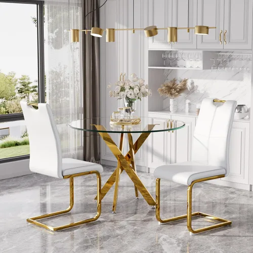 Miniatura 31 de Juego de mesa de comedor redonda moderna de vidrio de 36 pulgadas para 2, mesa de comedor de vidrio con patas cruzadas de metal, mesa de cocina