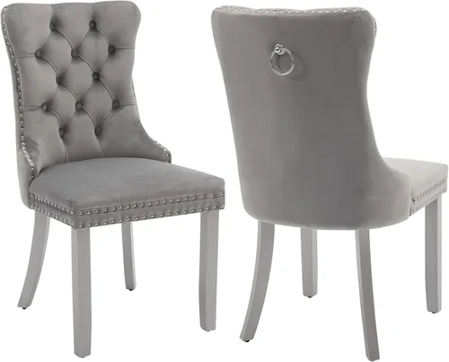 Miniatura 84 de Shenyon Juego de 2 Sillas de Comedor de Terciopelo Gris, Sillas de Comedor Tapizadas con Ribete de Anilla Trasera y Patas de Madera Maciza, Sillas