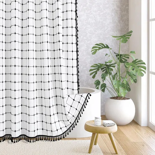 Miniatura 21 de MitoVilla Juego de cortinas de ducha estilo bohemio, modernas cortinas de ducha bohemias para decoración de baño, cortina de ducha de tela de lino