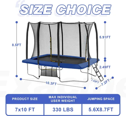 Miniatura 5 de Exacme Trampolín rectangular de 7 x 10, 8 x 12, 9 x 14 pies, para niños, dobles aberturas de cerramiento, trampolín rectangular pequeño