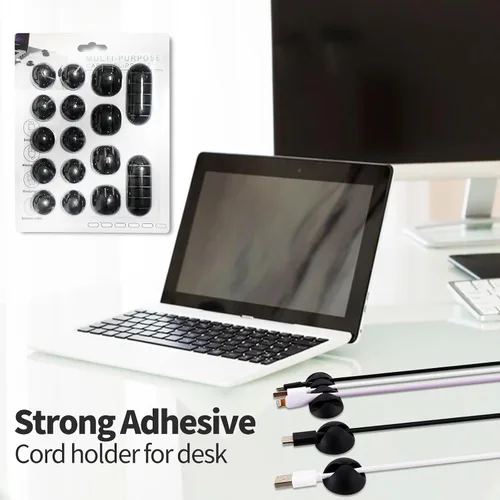 Miniatura 6 de Organizador de clips adhesivos para cables, paquete de 16 soportes negros para escritorio debajo de la computadora, clips de gestión de cables