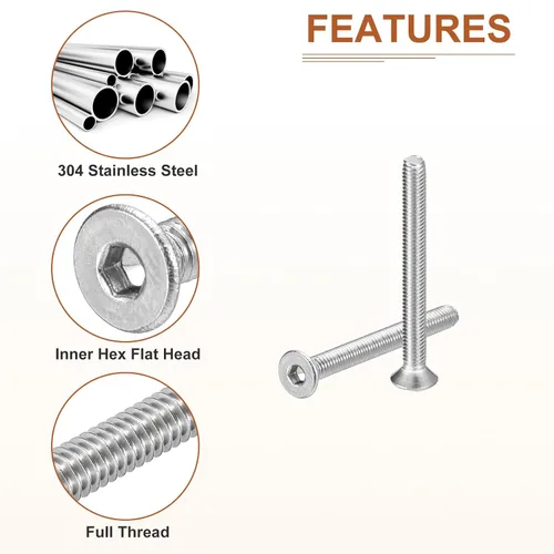 Miniatura 4 de DTGN Tornillos de cabeza plana M3-0.020 x 1.378 in, paquete de 50 tornillos de cabeza plana de acero inoxidable 304, rosca completa, pernos