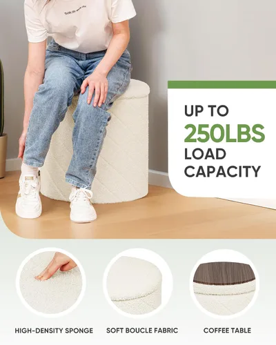Miniatura 3 de B FSOBEIIALEO Otomana con almacenamiento, otomana redonda de bouclé con bandeja, taburete reposapiés para dormitorio, sala de estar blanca, Blanco